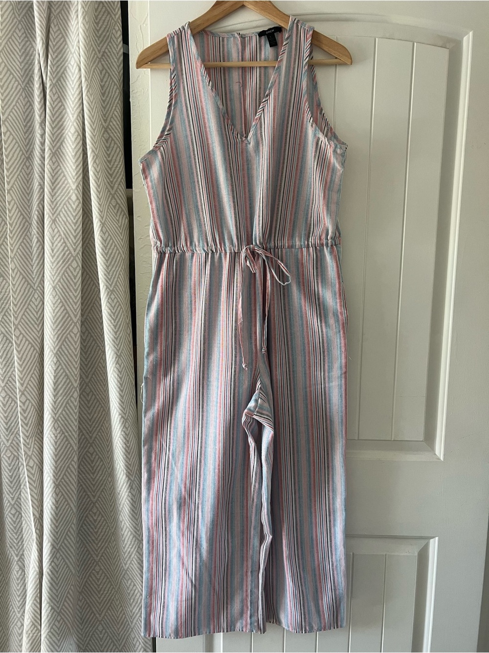 DREW Pastel Striped V-Neck Jumpsuit in Blue and Pink Medium